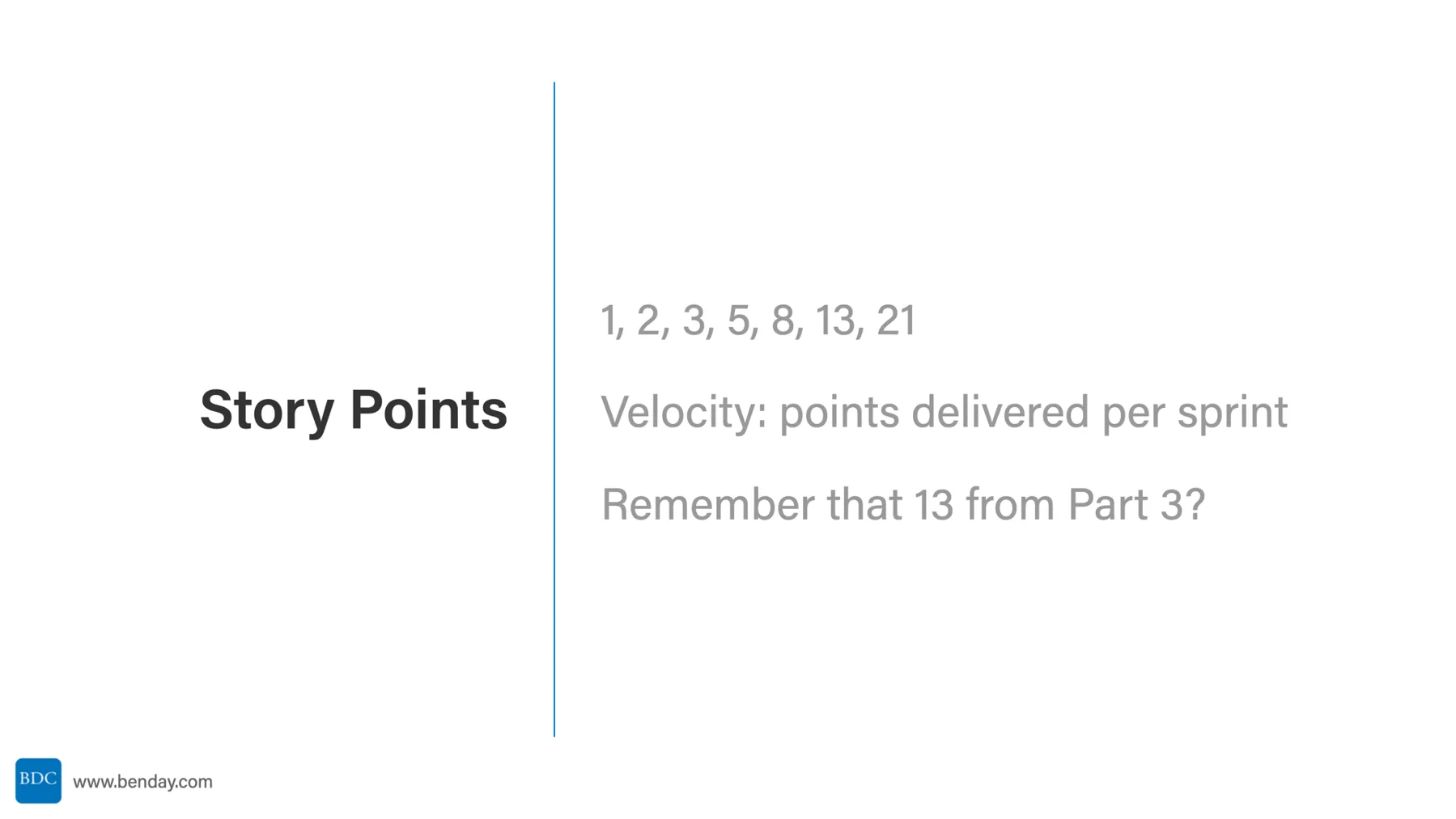 Slide: Story Points. 1, 2, 3, 5, 8, 13, 21. Velocity: points delivered per sprint. Remember that 13 from Part 3?