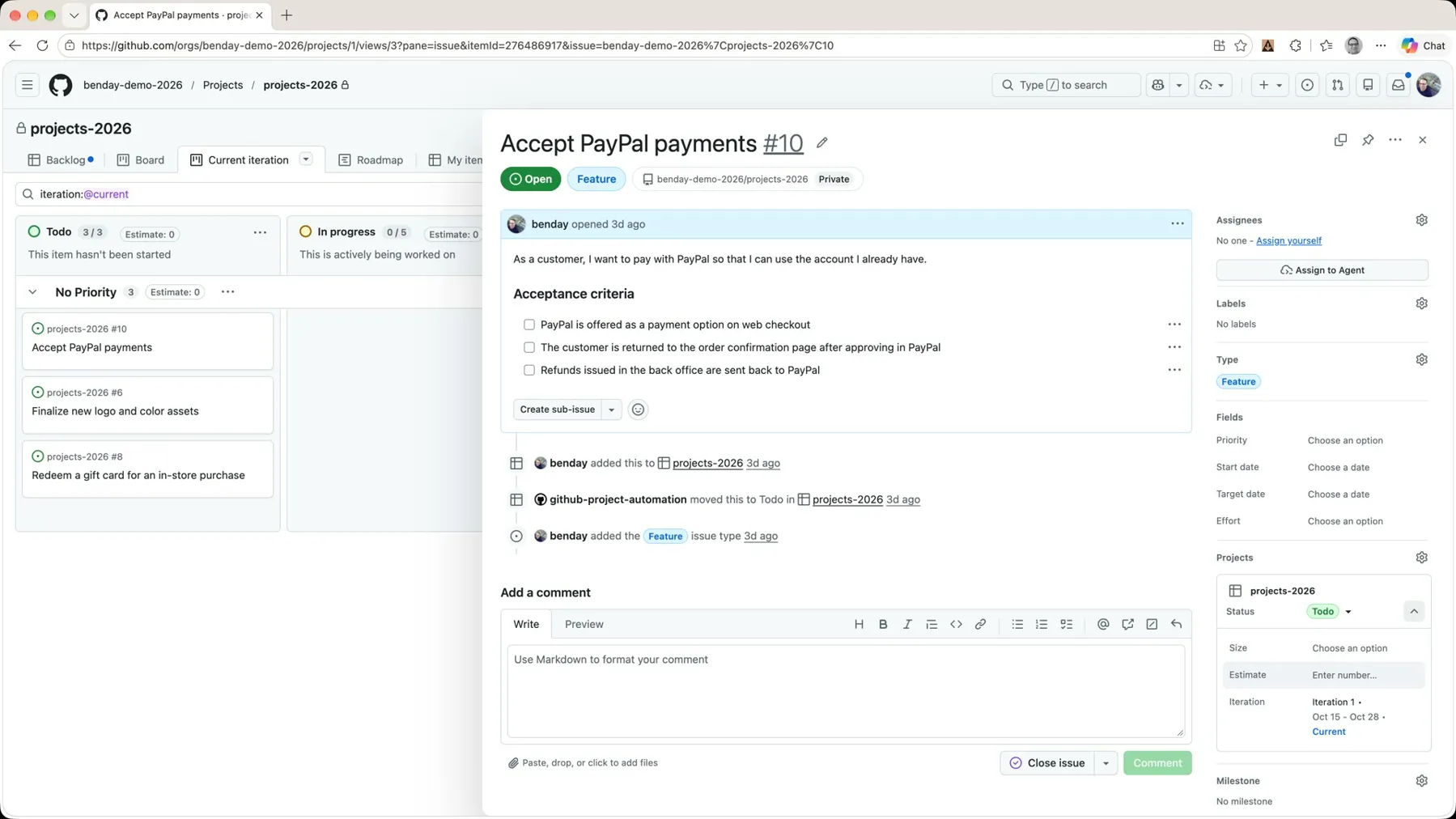 The Accept PayPal payments issue panel with the Projects box showing Status Todo, Estimate, and Iteration 1 (Current)