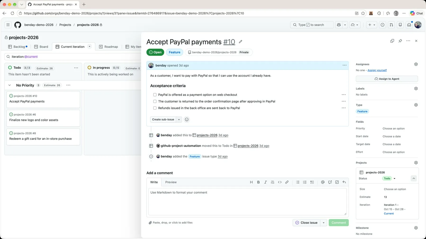 The Accept PayPal payments issue panel with the Create sub-issue button and its dropdown: Create sub-issue, Add existing issue, Draft with Copilot