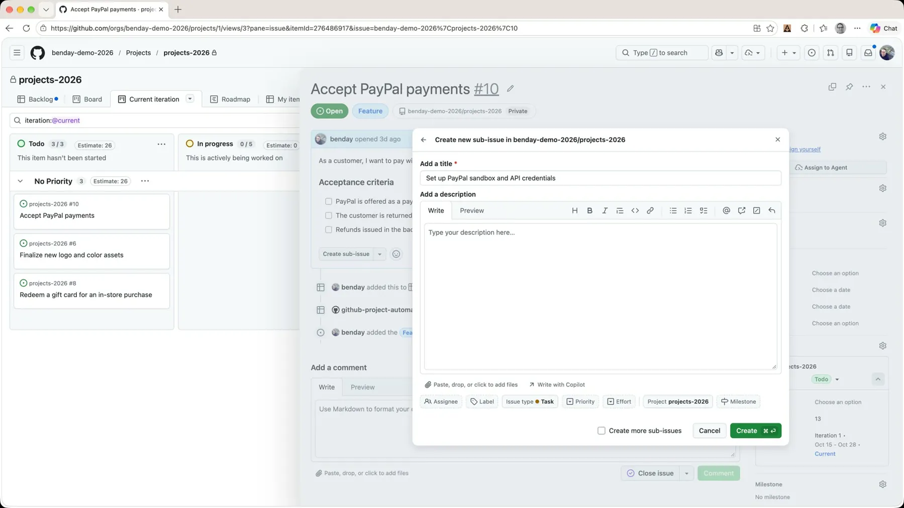 The Create new sub-issue dialog with the title filled in, Issue type set to Task, Project set to projects-2026, and the 'Create more sub-issues' checkbox