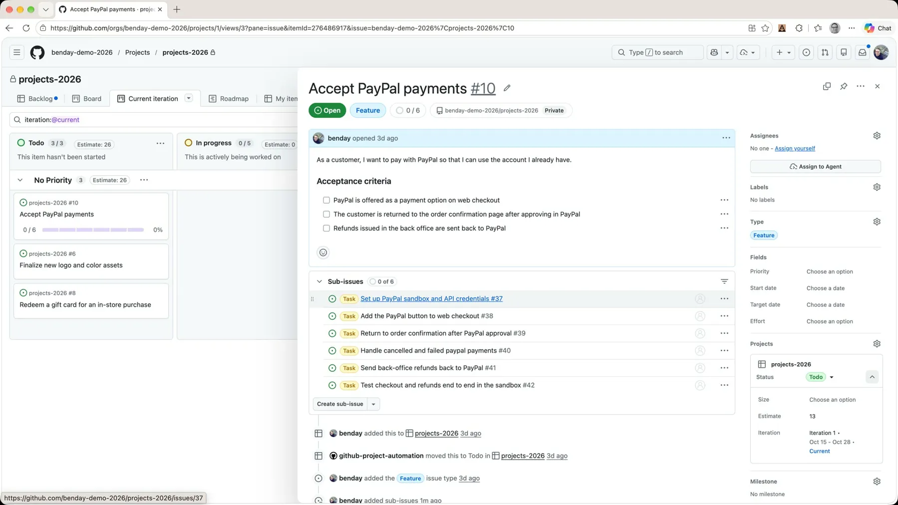 The Accept PayPal payments issue panel showing Sub-issues 0 of 6, each tagged Task