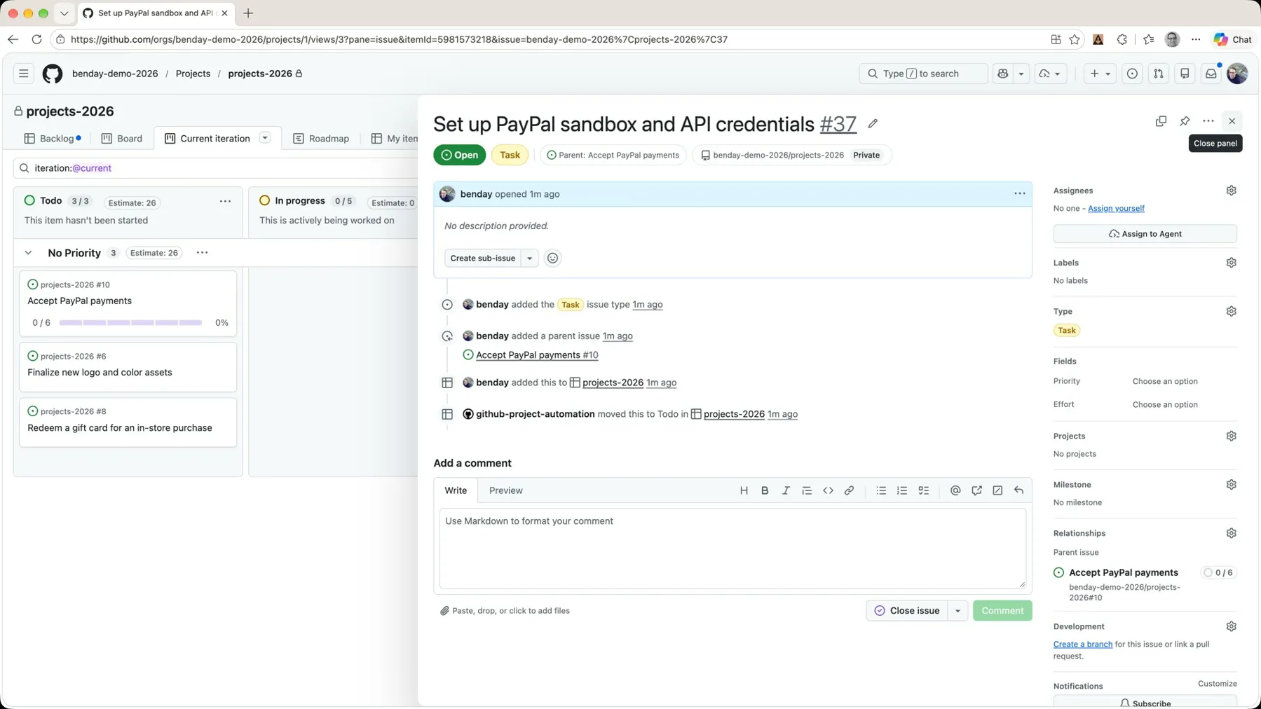 The Set up PayPal sandbox and API credentials task panel showing the Parent badge, Type: Task, and the parent issue under Relationships