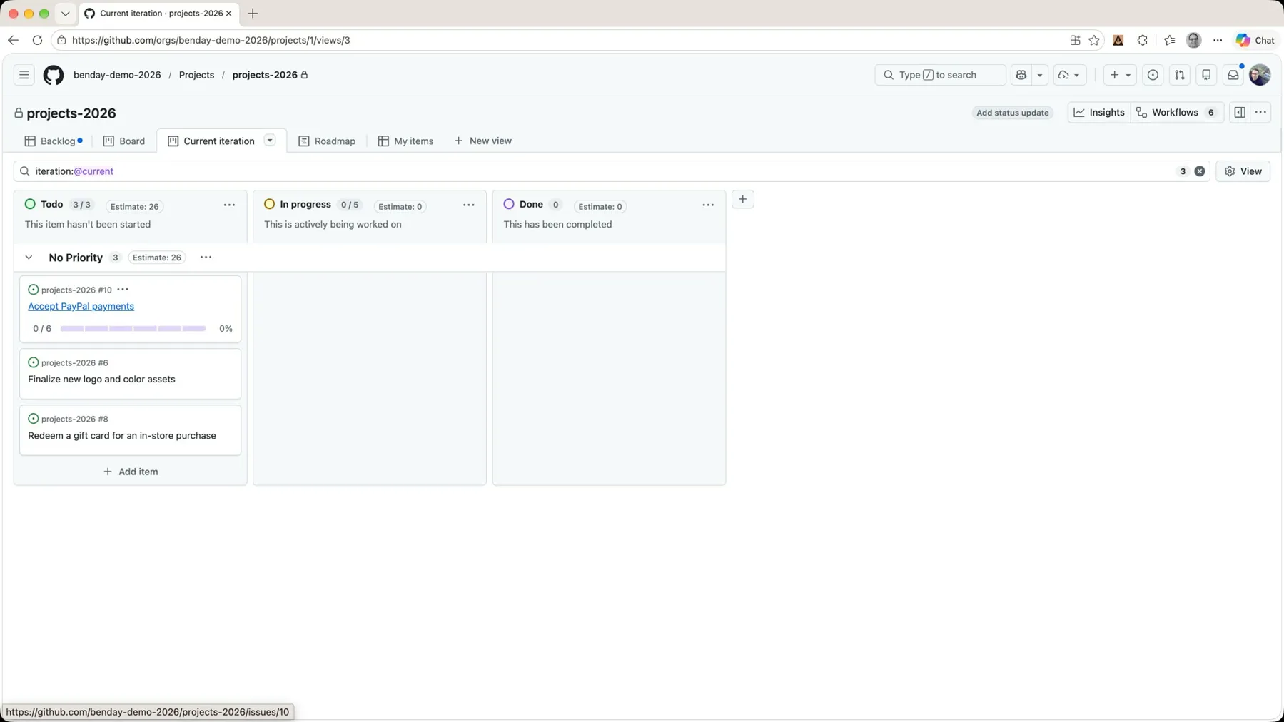 The Current iteration board with the Accept PayPal payments card showing a 0/6 progress bar