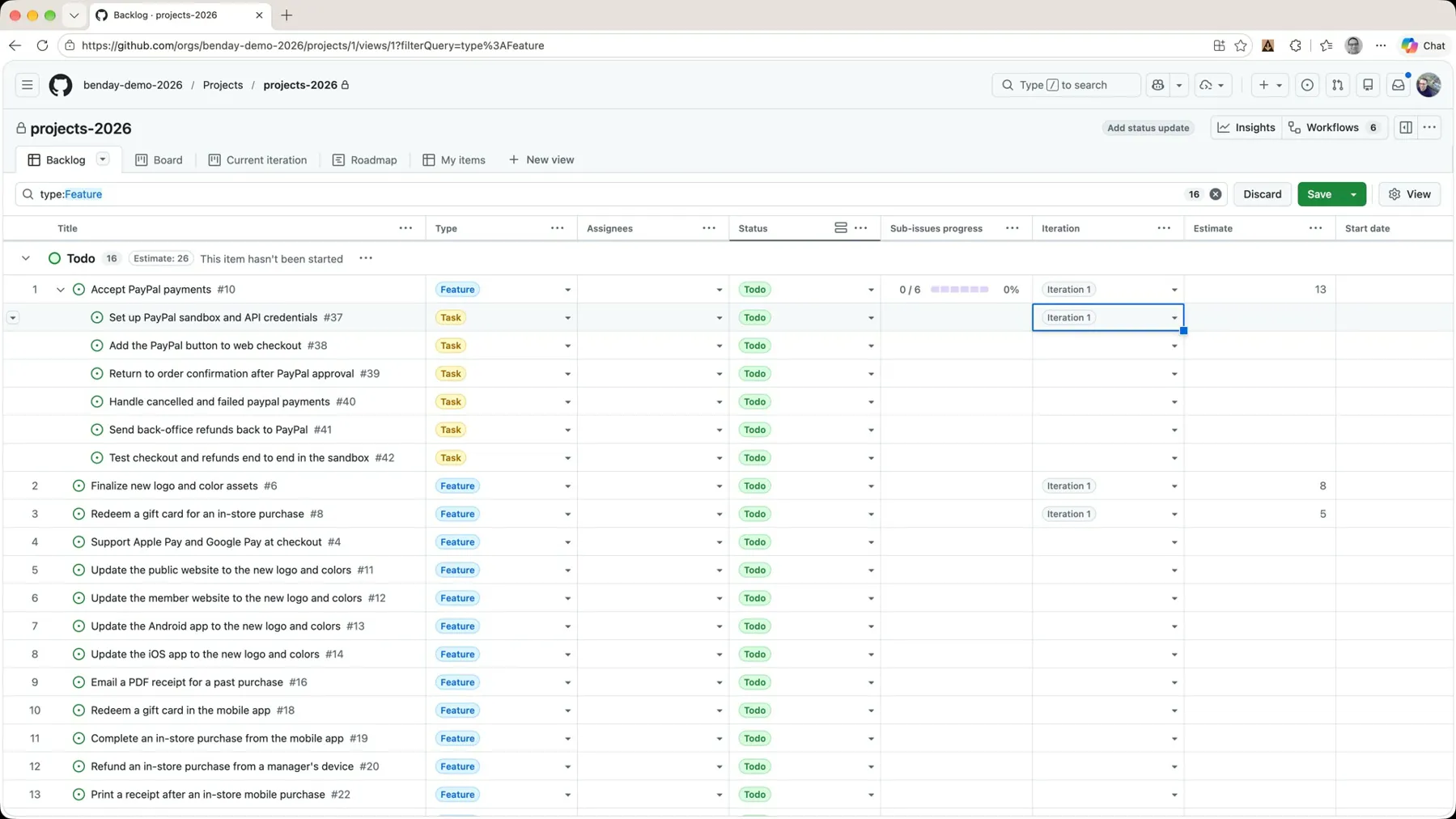 The backlog with Accept PayPal payments expanded, six tasks nested under it, and the Iteration cell being filled down