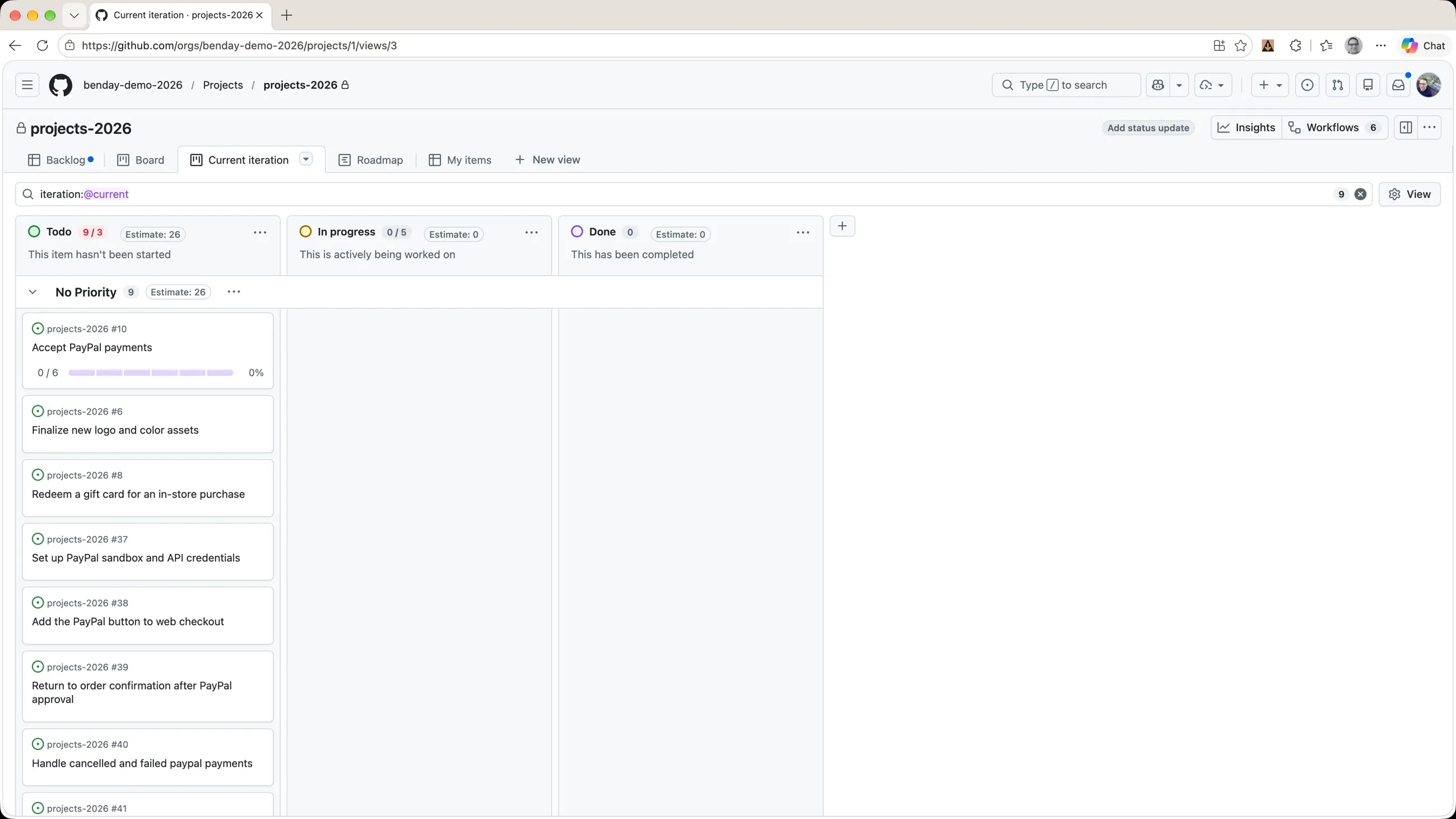 The Current iteration board with nine items in Todo: three features and the six PayPal tasks, Estimate 26
