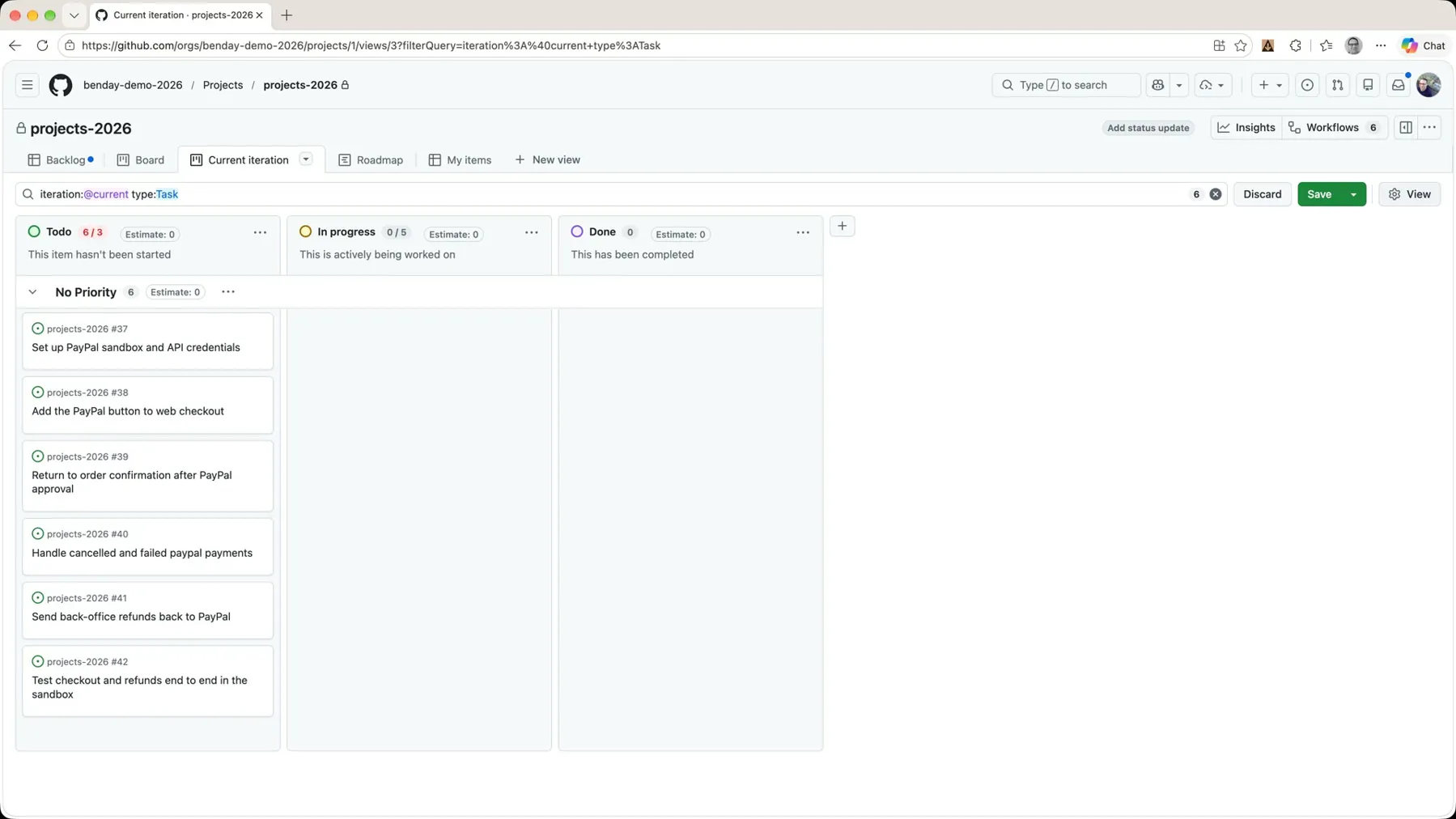 The Current iteration board filtered with iteration:@current type:Task, showing only the six PayPal tasks in Todo