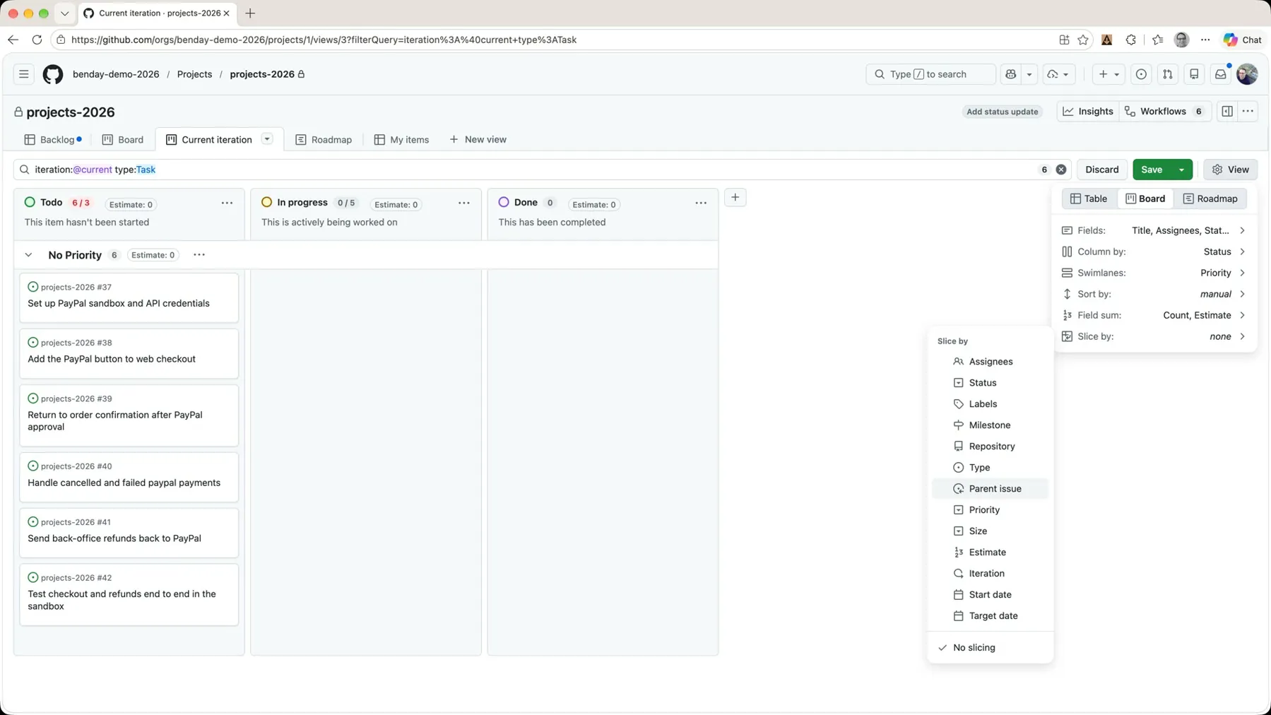 The View menu's Slice by submenu with Parent issue highlighted