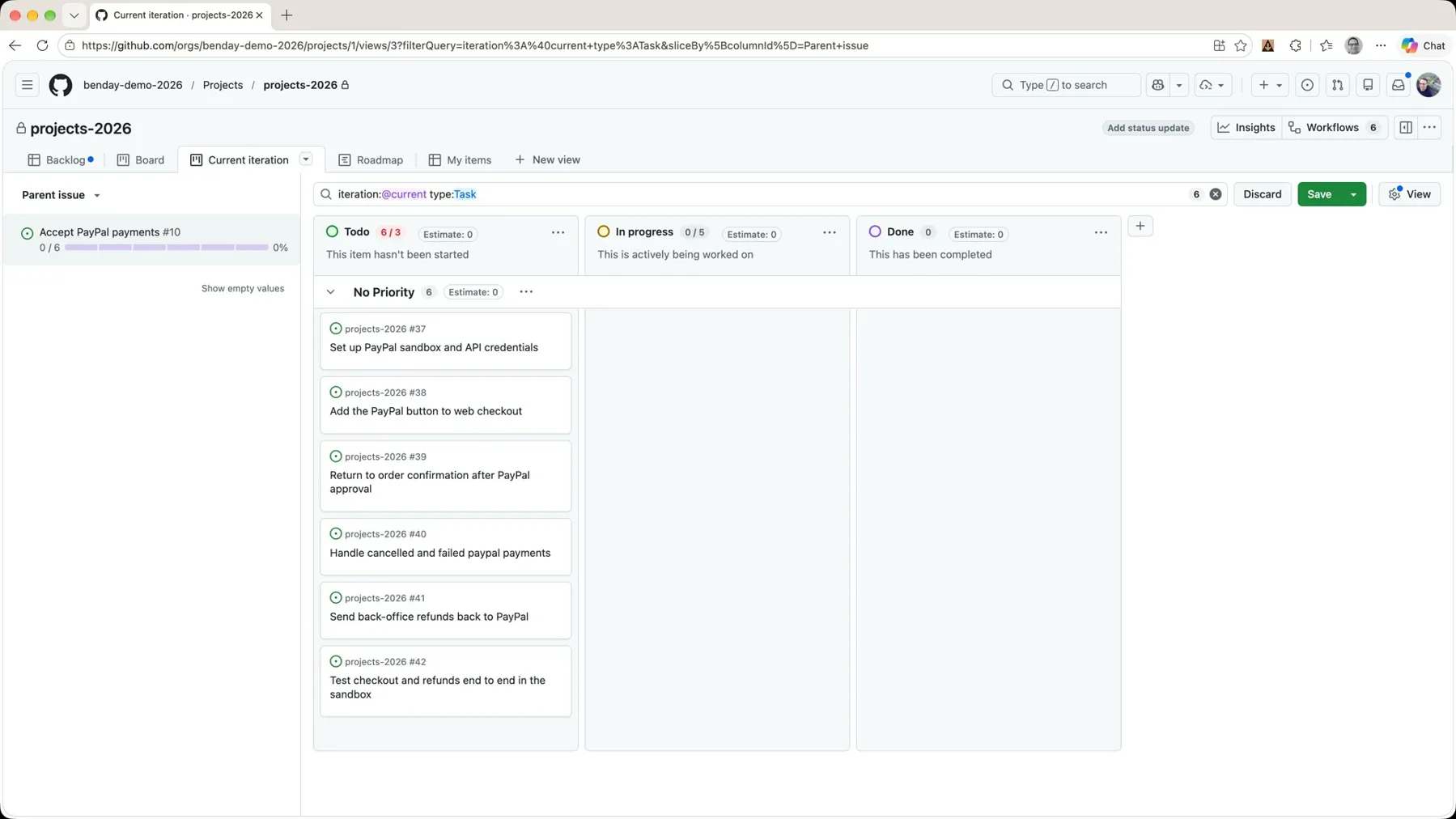 The task board sliced by parent issue: Accept PayPal payments 0/6 in the left panel, six task cards in Todo