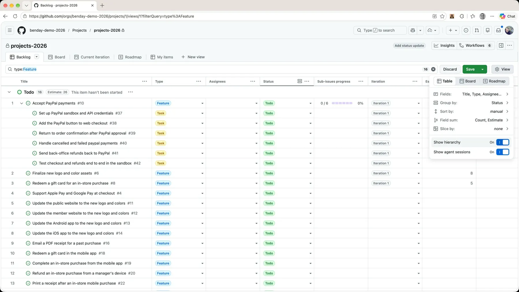 The View menu on the backlog with the Show hierarchy toggle turned on and the PayPal tasks nested under their parent