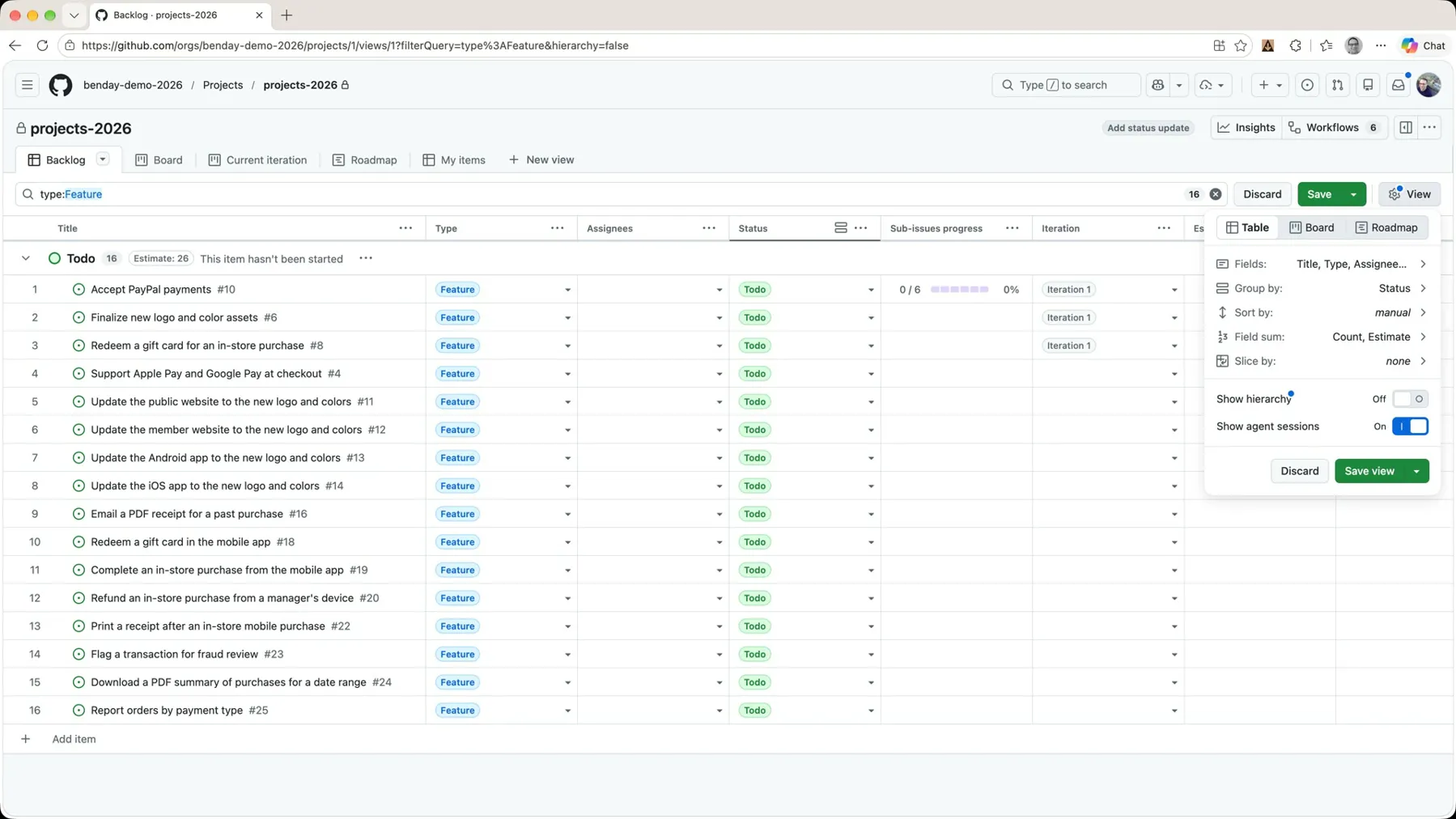The backlog with Show hierarchy turned off: the features are listed with their sub-issues progress bars, but no nested tasks