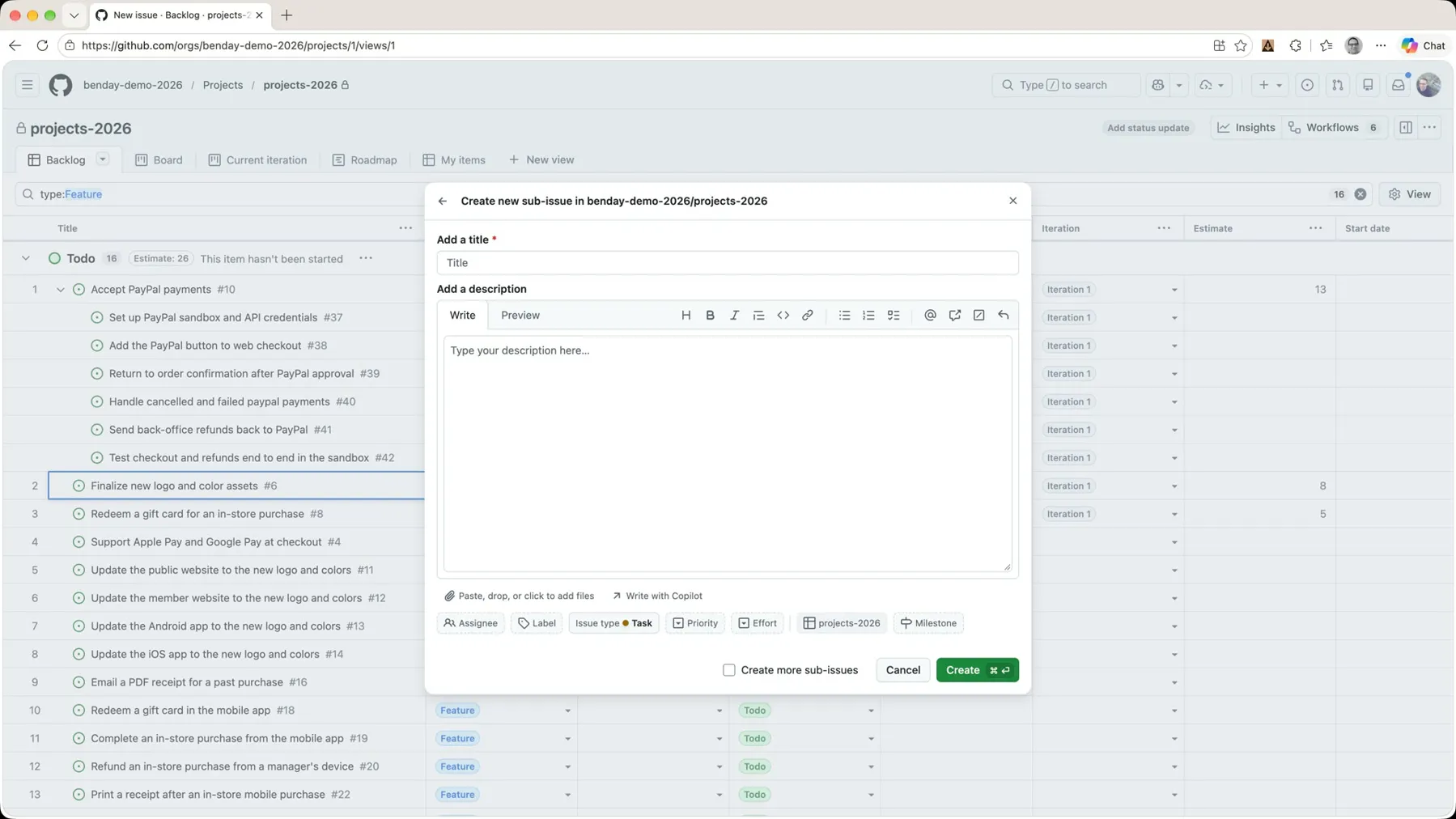 The Create new sub-issue dialog with Issue type set to Task, Project set to projects-2026, and the Create more sub-issues checkbox