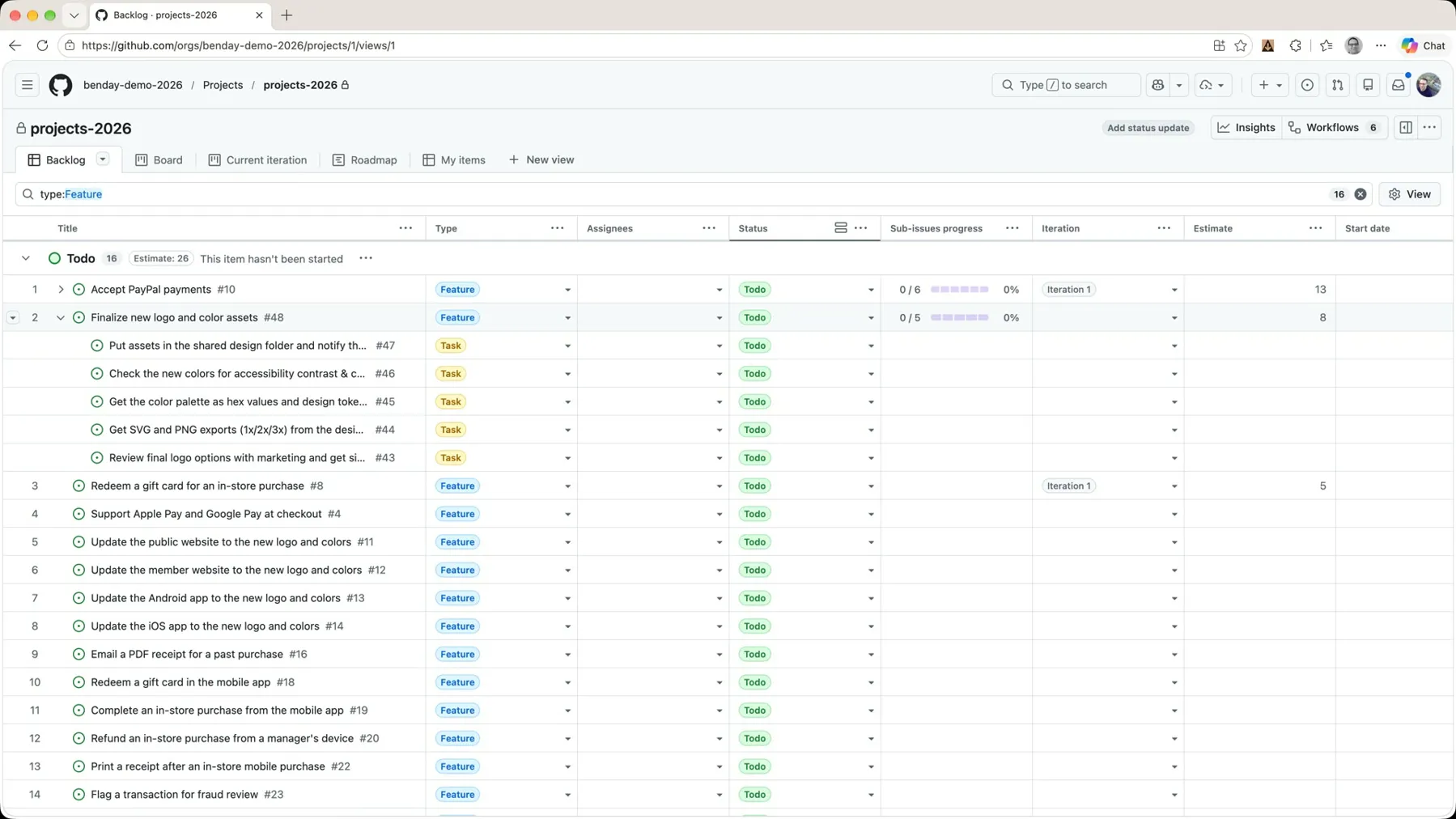 The backlog with Finalize new logo and color assets expanded, five tasks nested under it, and an empty Iteration column on the tasks