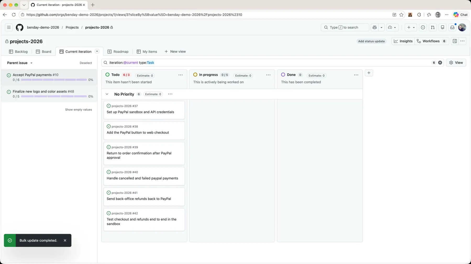 The task board with both Accept PayPal payments 0/6 and Finalize new logo and color assets 0/5 in the slice panel