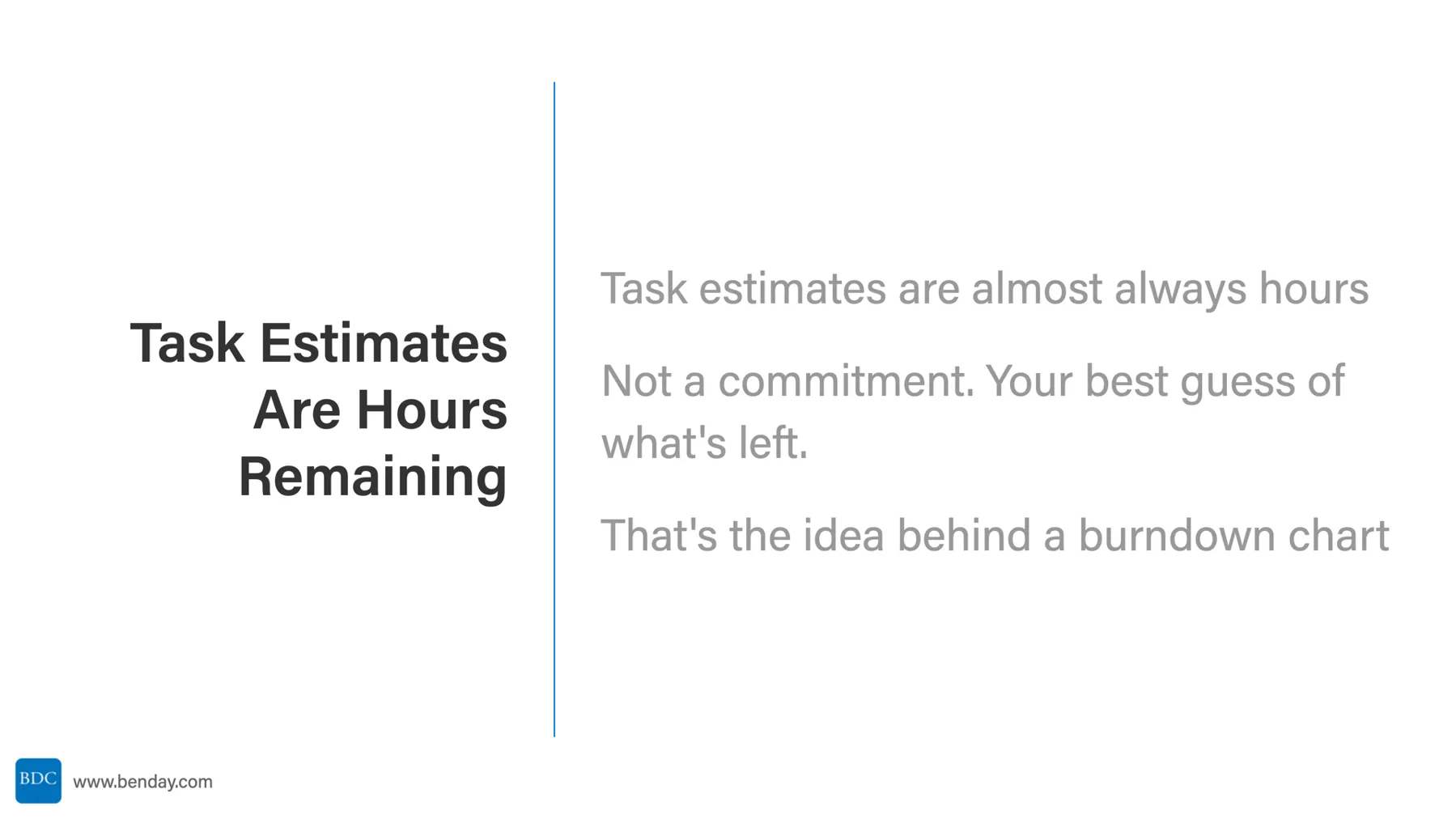 Slide: Task Estimates Are Hours Remaining. Task estimates are almost always hours. Not a commitment, your best guess of what's left. That's the idea behind a burndown chart.