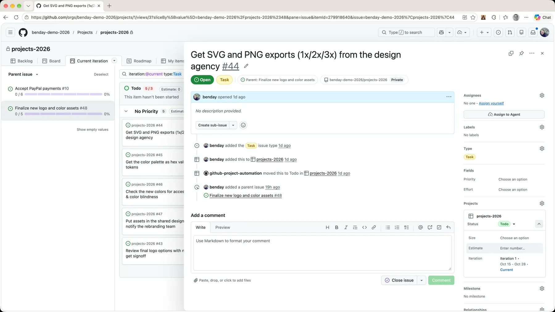 The task panel for Get SVG and PNG exports with the Estimate field in the Projects box ready for a number