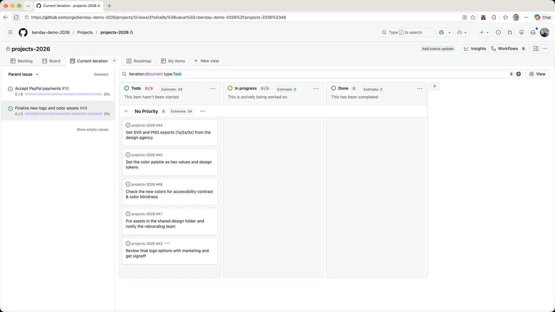 The task board sliced to the logo feature with the Todo column header reading Estimate: 34