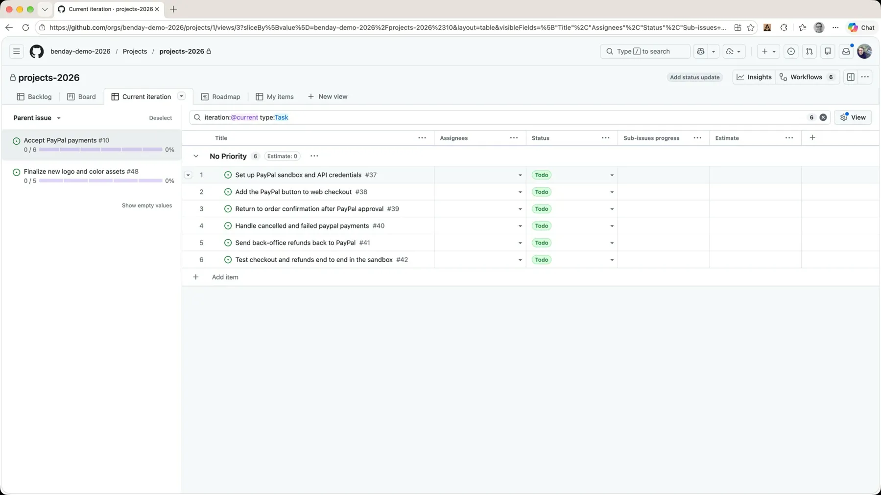 The current iteration view switched to Table layout, sliced to Accept PayPal payments, with six task rows and an Estimate column