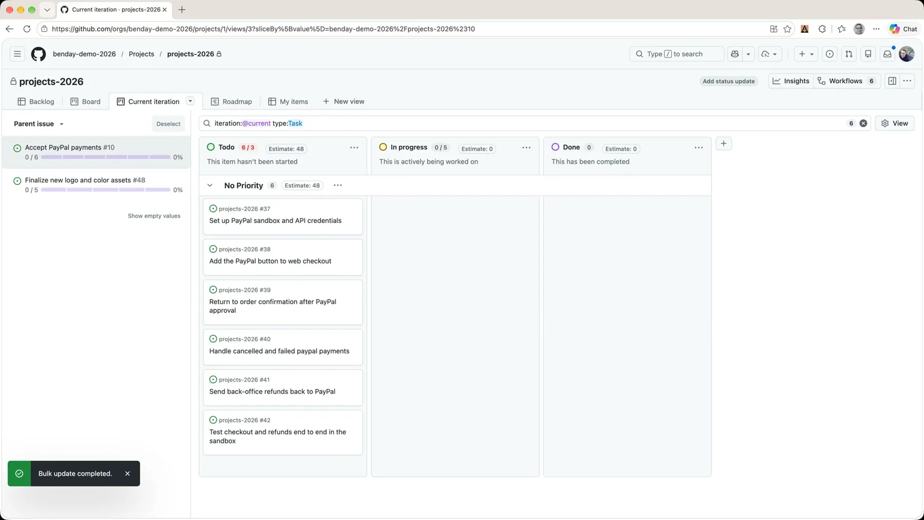 The task board back in Board layout with the Todo header reading Estimate: 48 and a 'Bulk update completed' toast