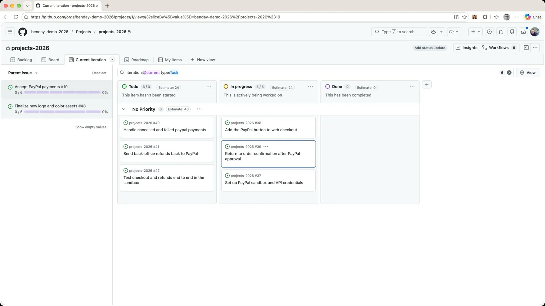 The task board with three PayPal tasks in In progress; the column headers read Estimate: 24 for Todo and Estimate: 24 for In progress