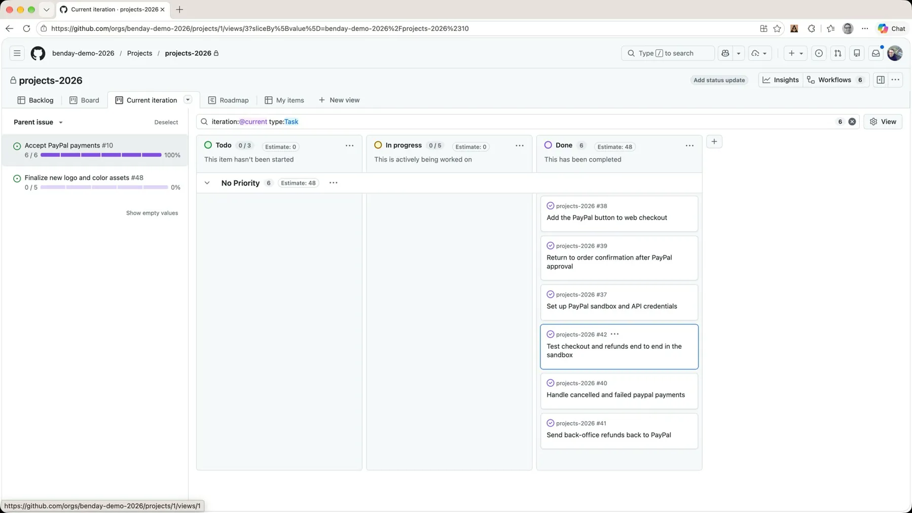 The backlog with Accept PayPal payments showing 6/6 100% in the Sub-issues progress column