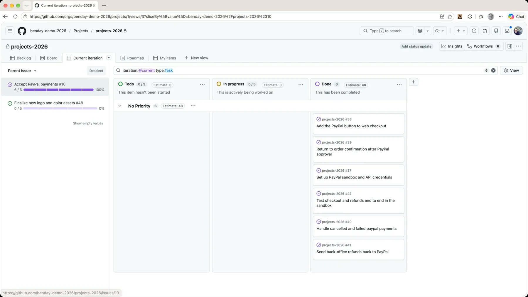 The task board with all six PayPal tasks in the Done column, Estimate: 48
