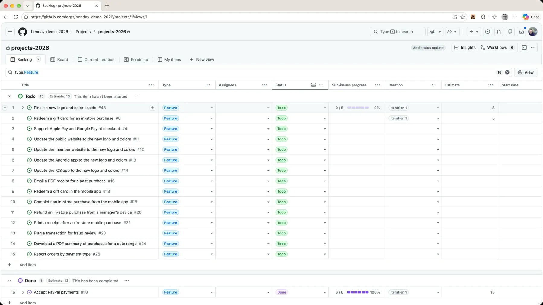 The backlog with Accept PayPal payments in the Done group and Finalize new logo and color assets expanded to show its five tasks